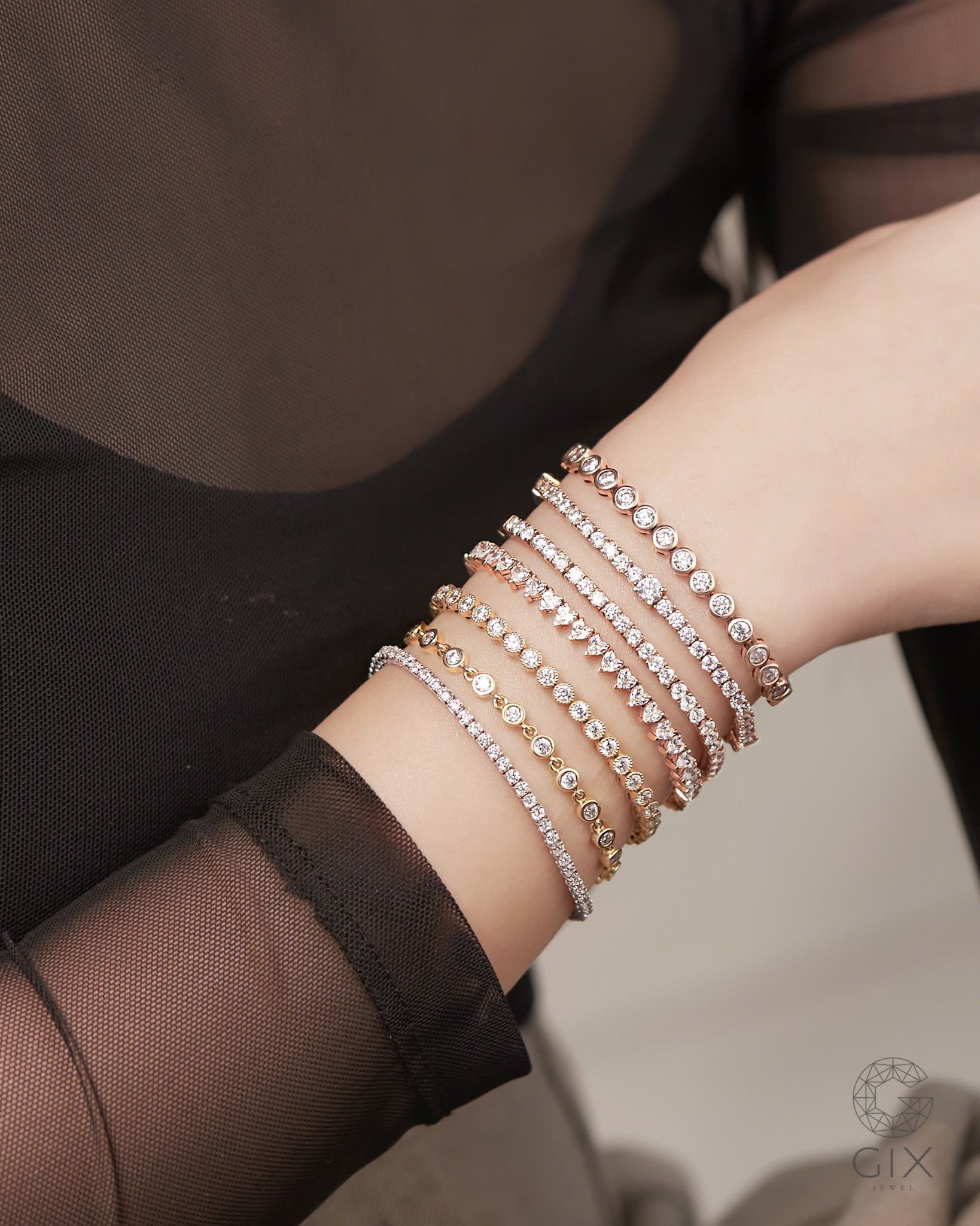  Lắc tay tennis nam nữ đeo đôi vàng trắng 18k bạc 925 đẹp đính đá hình trái tim thời trang Gix 