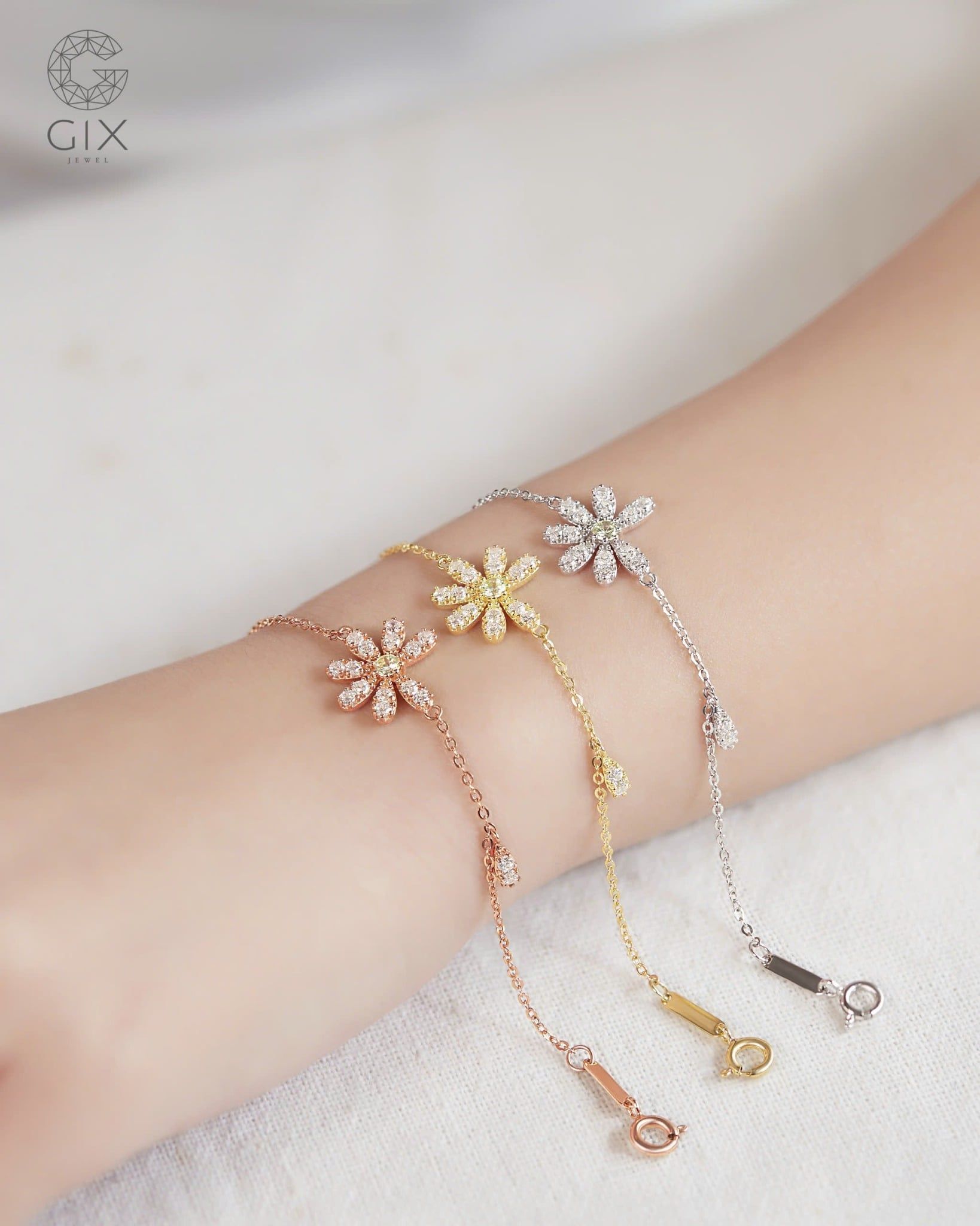  Lắc tay hoa cúc GD vàng đẹp & bạc 925 đính đá cao cấp | Gix Jewel 