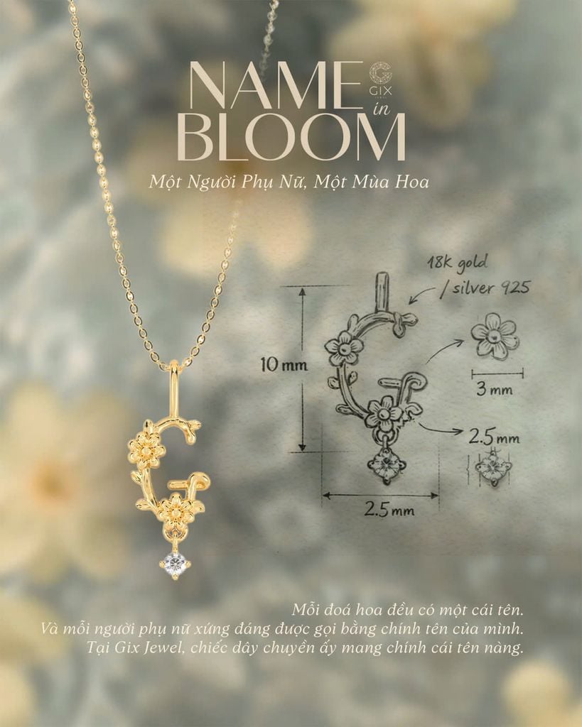  Dây chuyền chữ có hoa bạc 925 & vàng tây sợi mảnh - Name In Bloom | Gix Jewel 