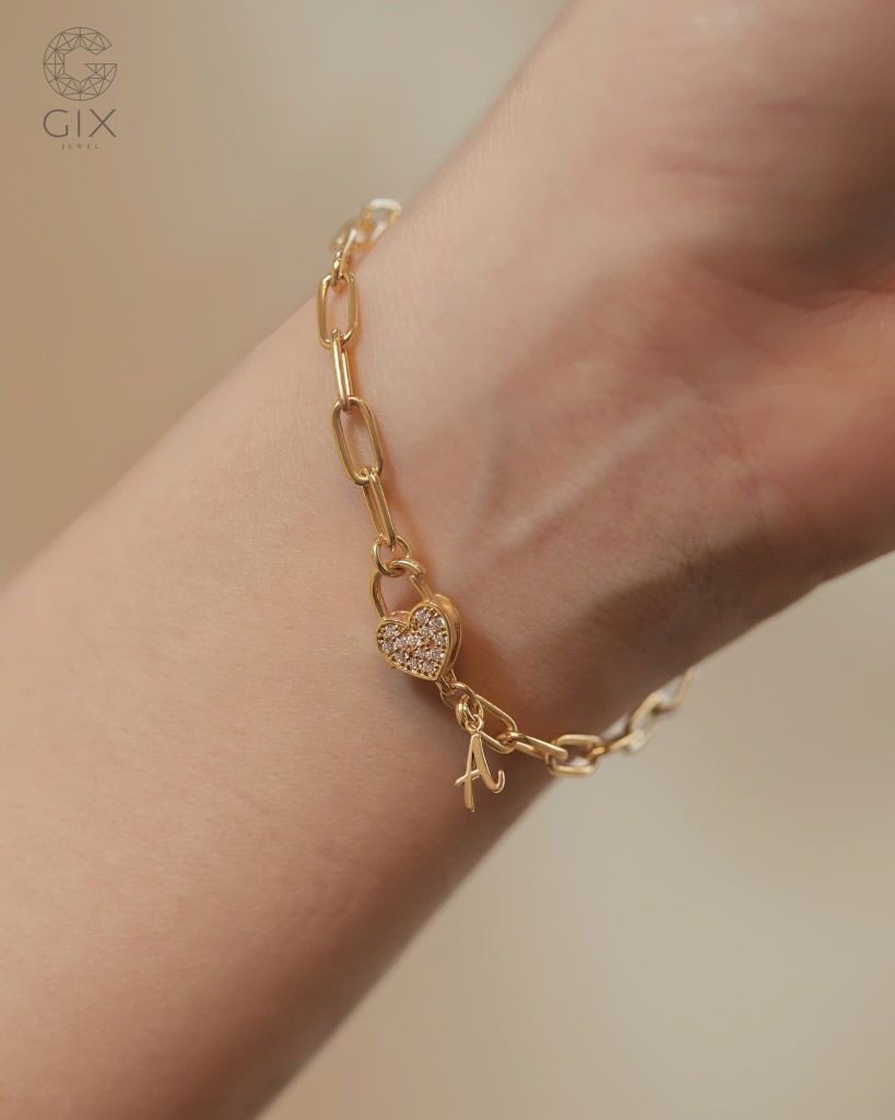  Vòng tay đôi tình yêu cho nam nữ sợi xích vàng 18k & bạc 925 gắn charm vàng trái tim và chữ Gix 