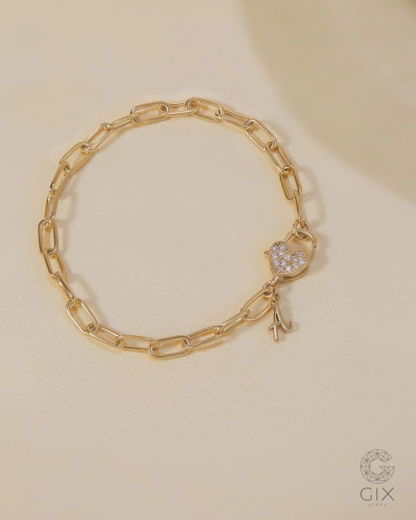 Vòng tay đôi tình yêu cho nam nữ sợi xích vàng 18k & bạc 925 gắn charm vàng trái tim và chữ Gix 