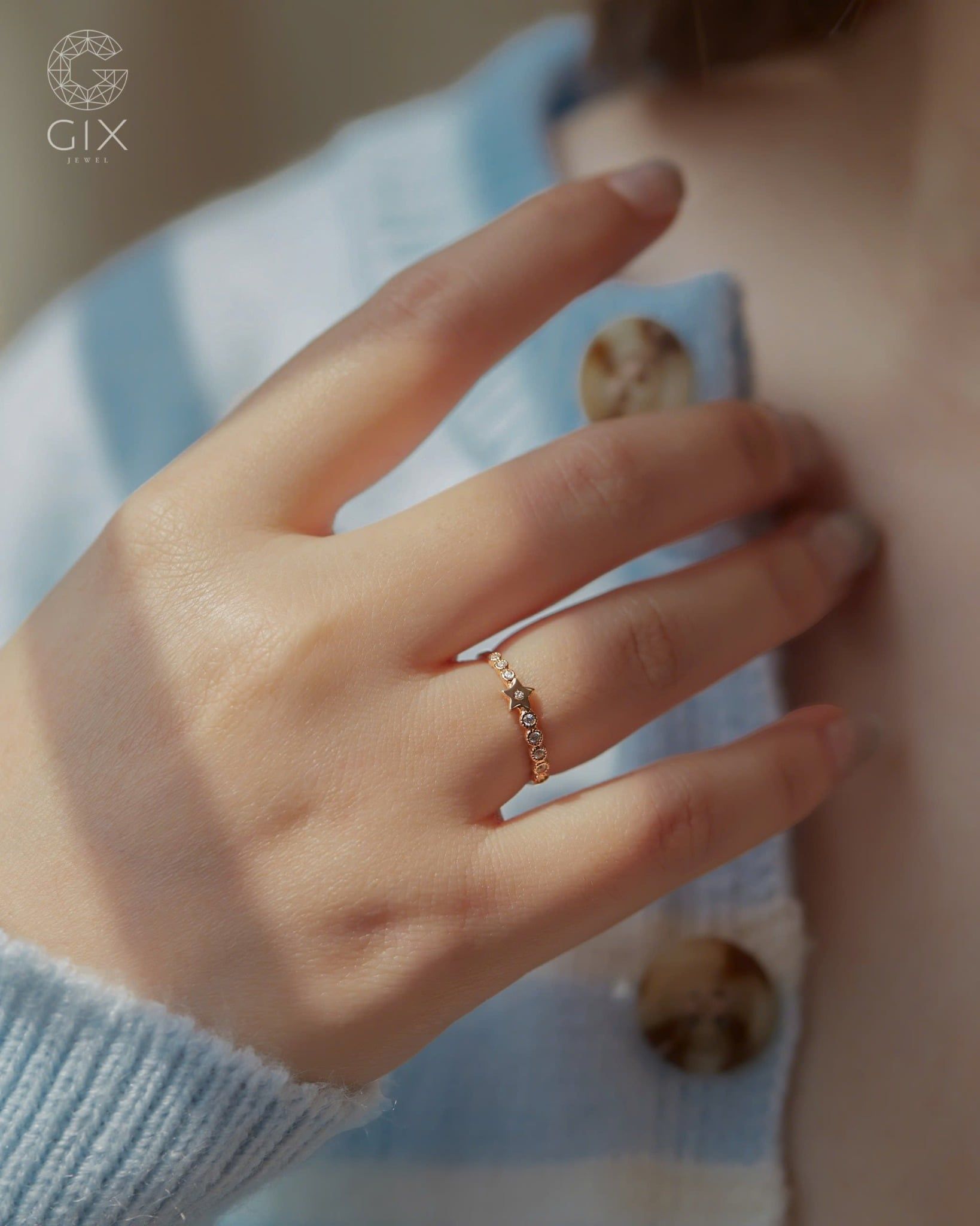  Nhẫn kim cương tấm mặt ngôi sao mảnh vàng tây cho nữ | Gix Jewel 