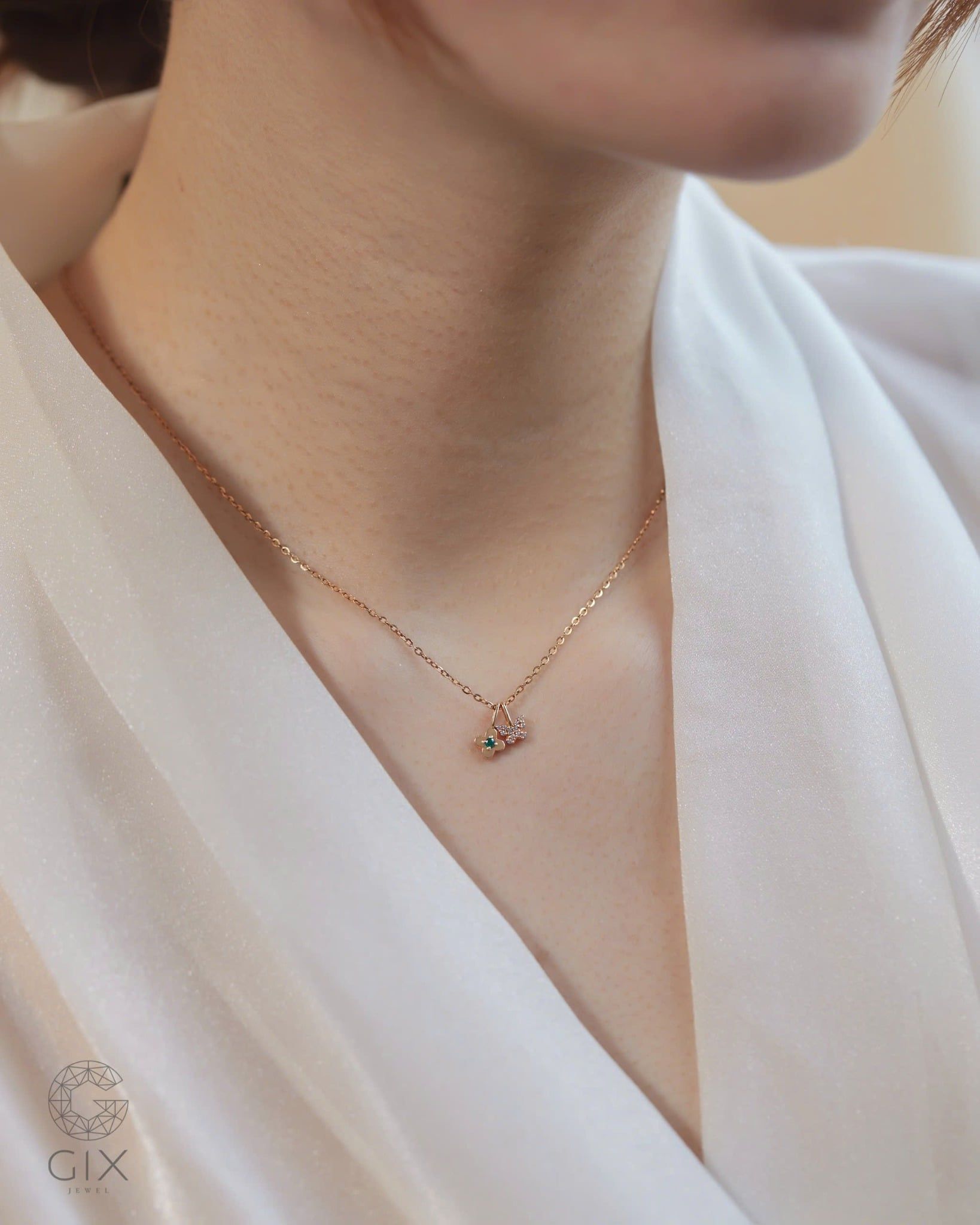  Dây chuyền vàng tây sợi mảnh mặt bướm & hoa đính đá | Gix Jewel 