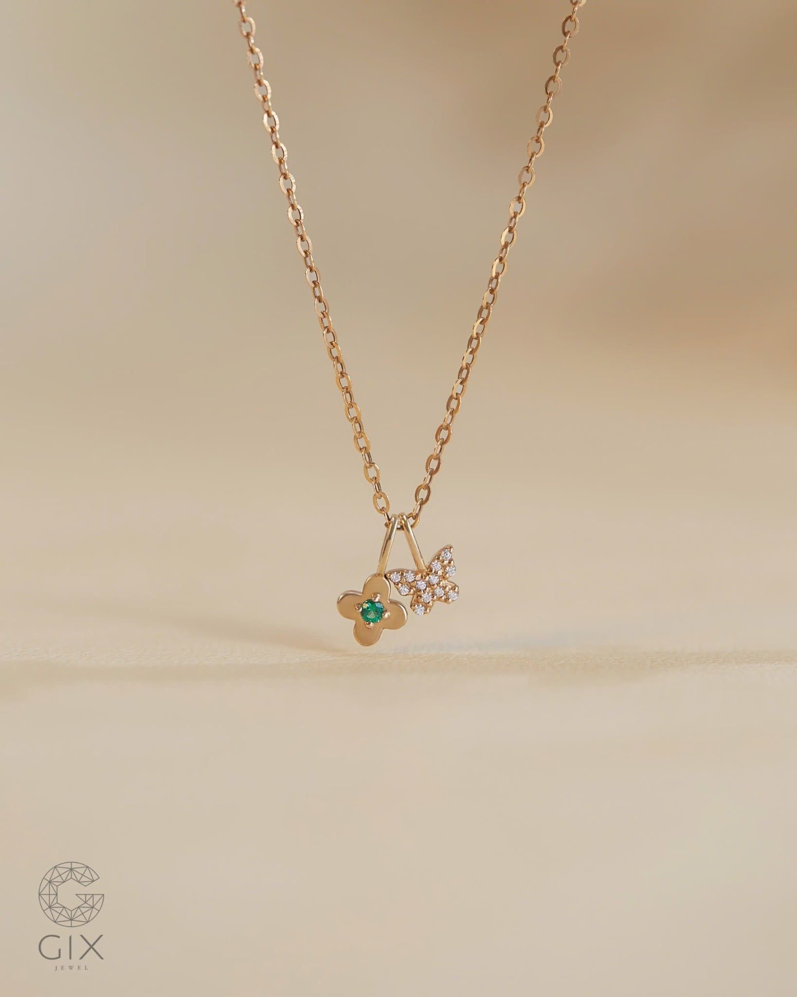  Dây chuyền vàng tây sợi mảnh mặt bướm & hoa đính đá | Gix Jewel 