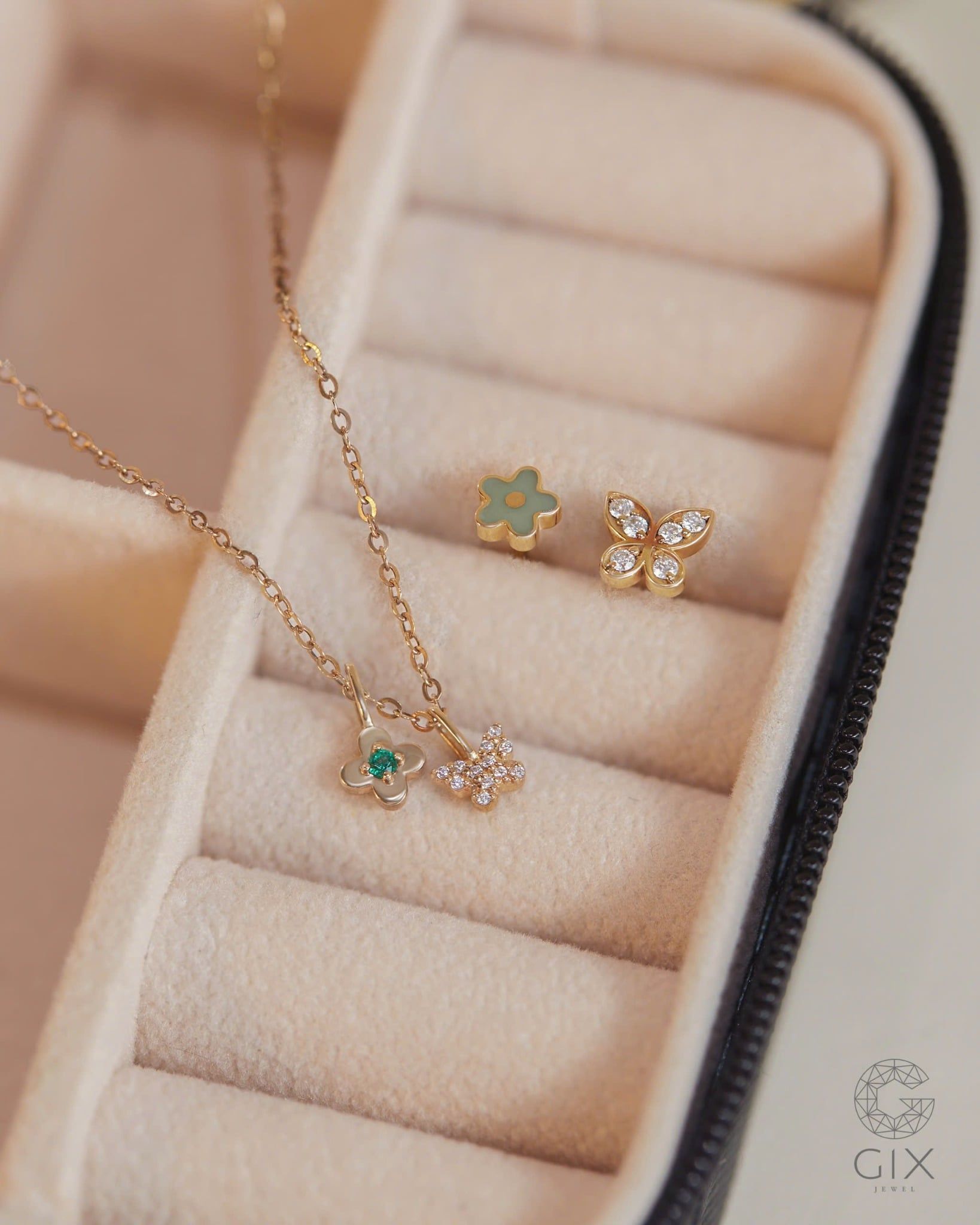  Dây chuyền vàng tây sợi mảnh mặt bướm & hoa đính đá | Gix Jewel 