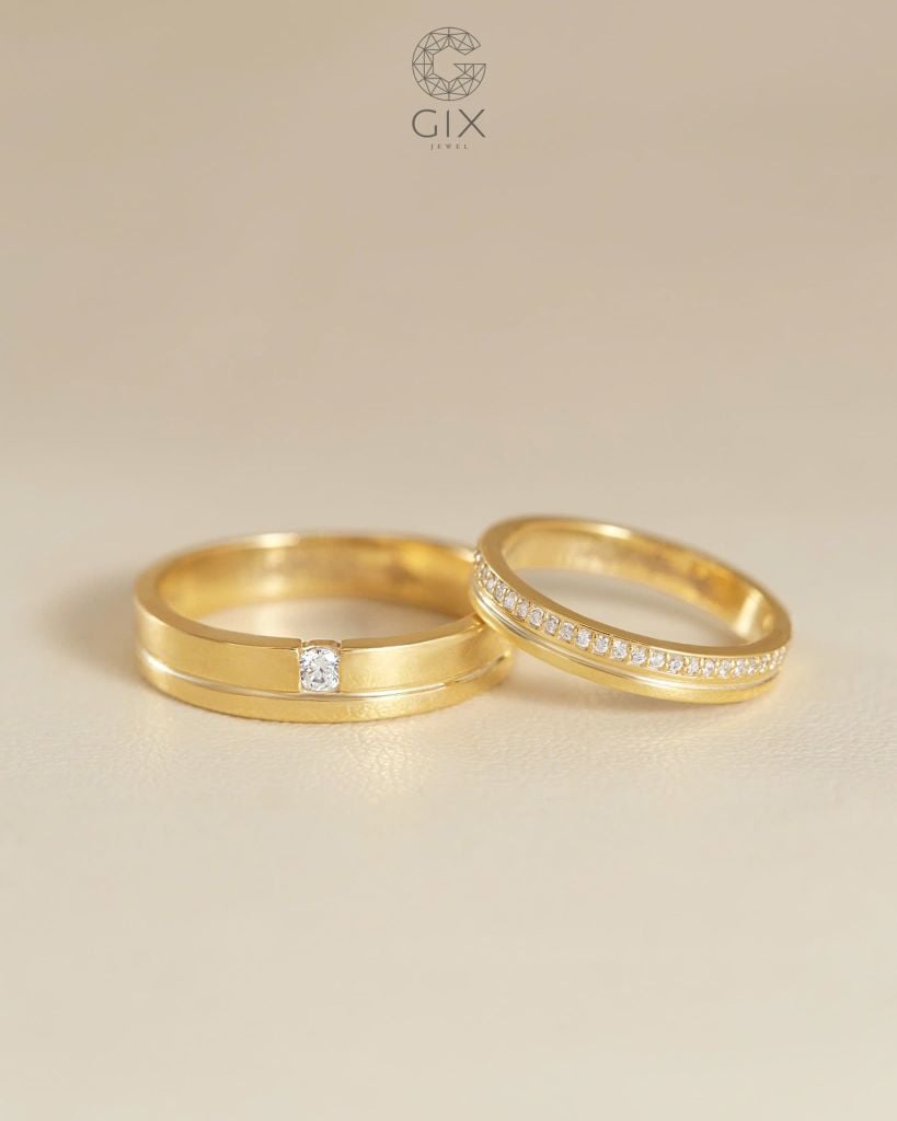  Cặp nhẫn cưới đẹp vàng 18k đơn giản ghép đôi đính kim cương thiên nhiên Gix Jewel 