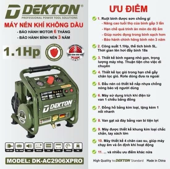  Máy Nén Khí Không Dầu Dekton DK - AC 2906 XPRO 