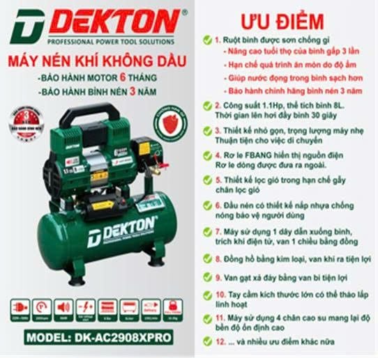  Máy Nén Khí Không Dầu Dekton DK - AC 2908 XPRO (8 Lít) 