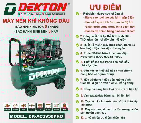  [TẶNG VOUCHER GIẢM GIÁ] Máy nén khí không dầu DEKTON DK-AC3950PRO 