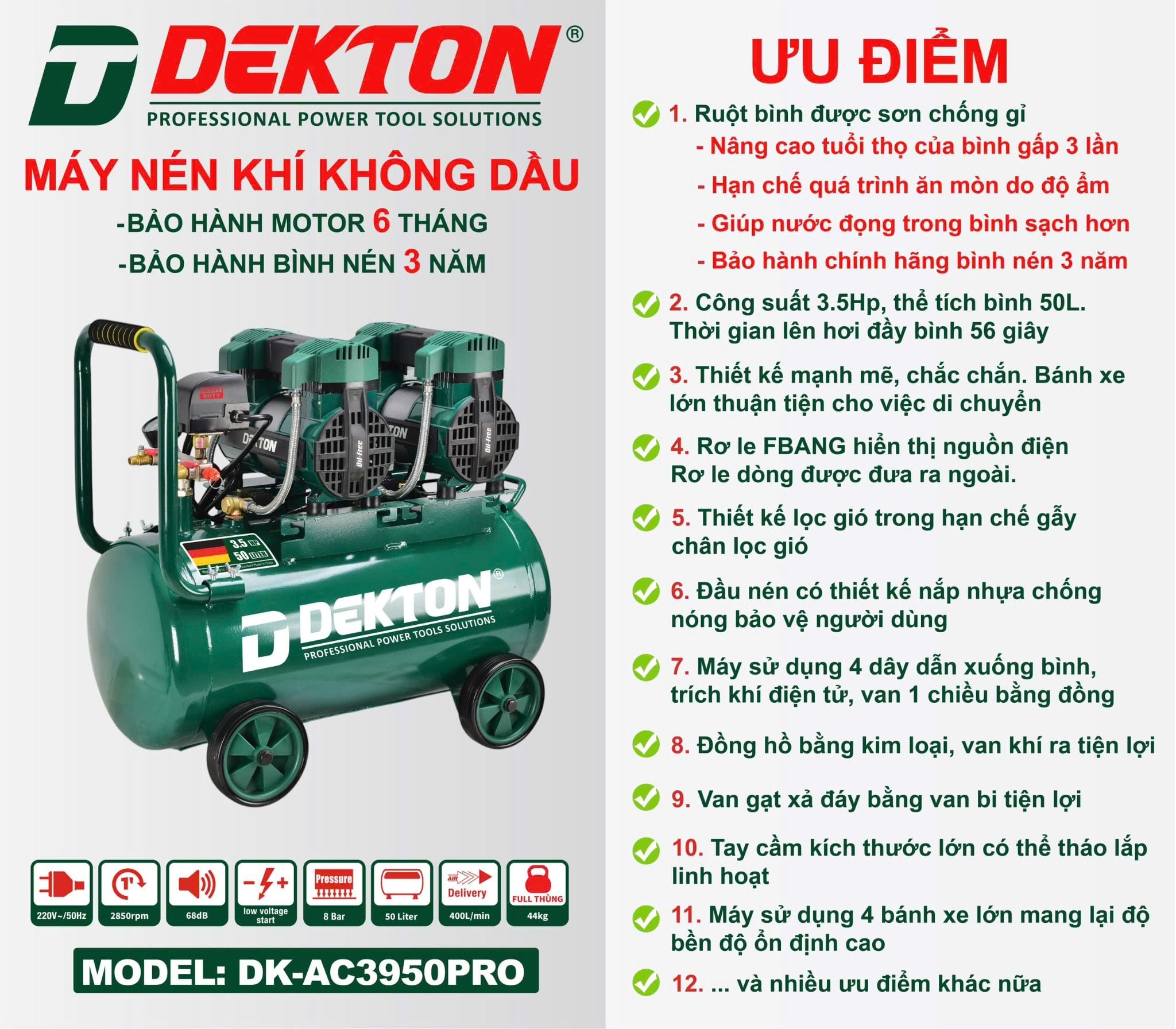  [TẶNG VOUCHER GIẢM GIÁ] Máy nén khí không dầu DEKTON DK-AC3950PRO 