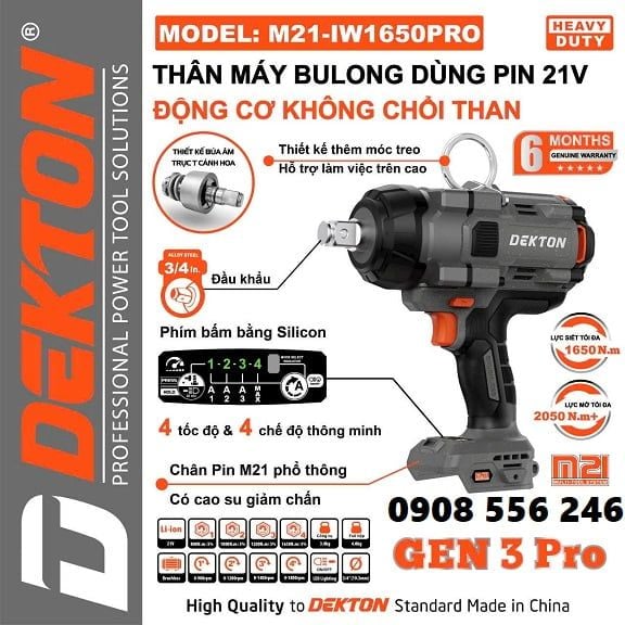 Máy siết bulong dùng pin DEKTON M21-IW 1650 PRO 