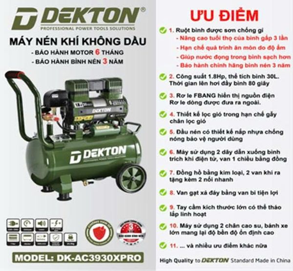  (LIÊN HỆ) Máy nén khí không dầu DEKTON DK - AC3930XPRO 