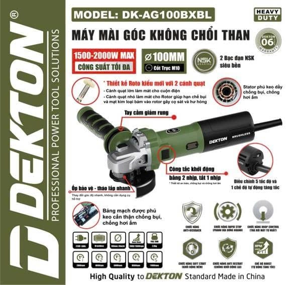  Máy Mài Góc Không Chổi Than Dekton DK - AG100BXBL (ĐIỀU CHỈNH 5 TỐC ĐỘ) 