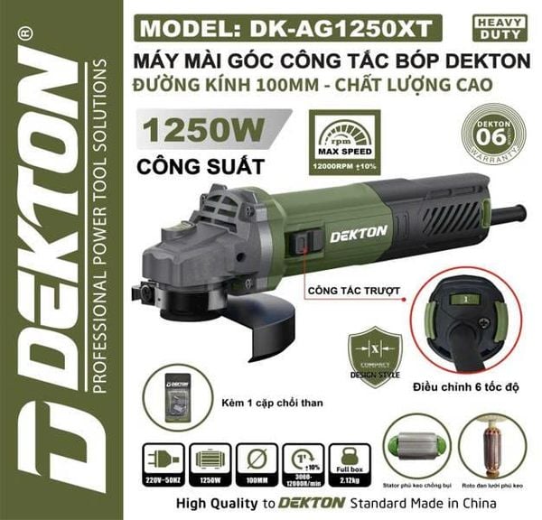 Máy Mài Góc Công Tắc Trượt Dekton DK - AG1250XT (ĐIỀU CHỈNH 6 TỐC ĐỘ) 