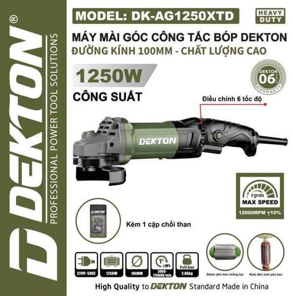  Máy Mài Góc Công Tắc Bóp Dekton DK - AG1250XTD (ĐIỀU CHỈNH 6 TỐC ĐỘ - THÂN DÀI)) 