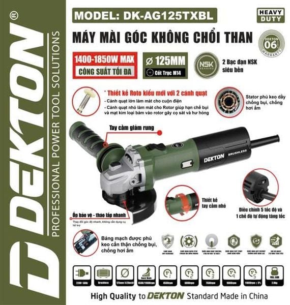  Máy Mài Góc Không Chổi Than Dekton DK - AG125TXBL (ĐIỀU CHỈNH 5 TỐC ĐỘ) 