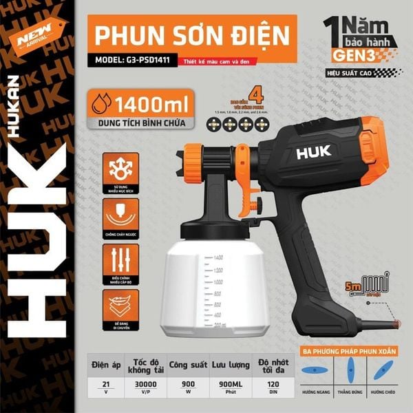  Máy phun sơn điện HUKAN G3-PSD1411 - 900W-1400 mL-4 vòi phun 