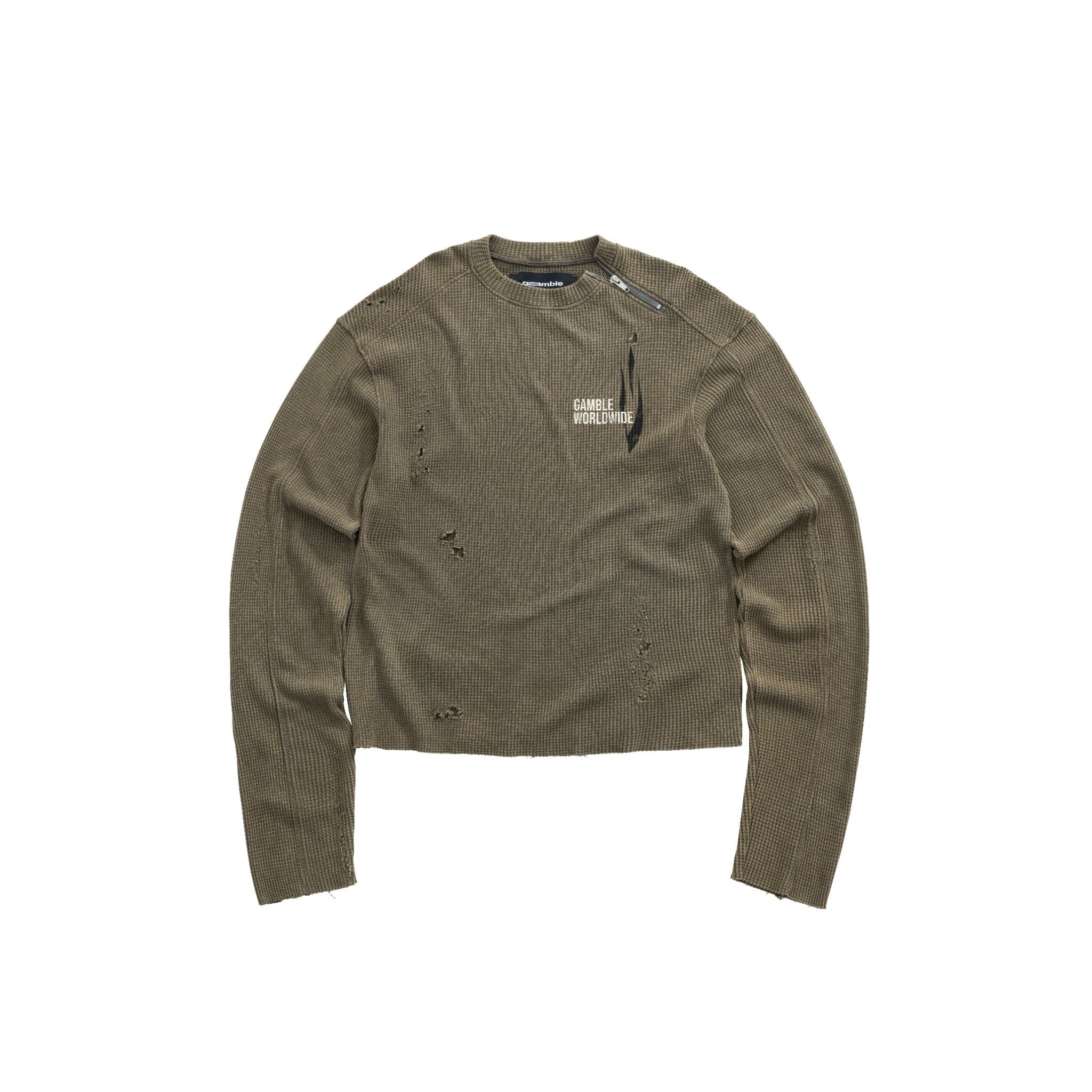 DISTRESSED WAFFLE SWEATER / MOSS