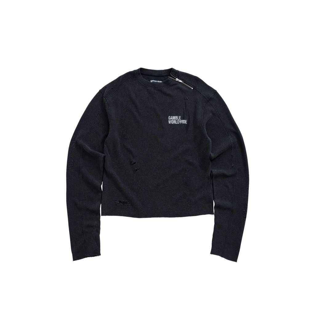 DISTRESSED WAFFLE SWEATER / CHARCOAL