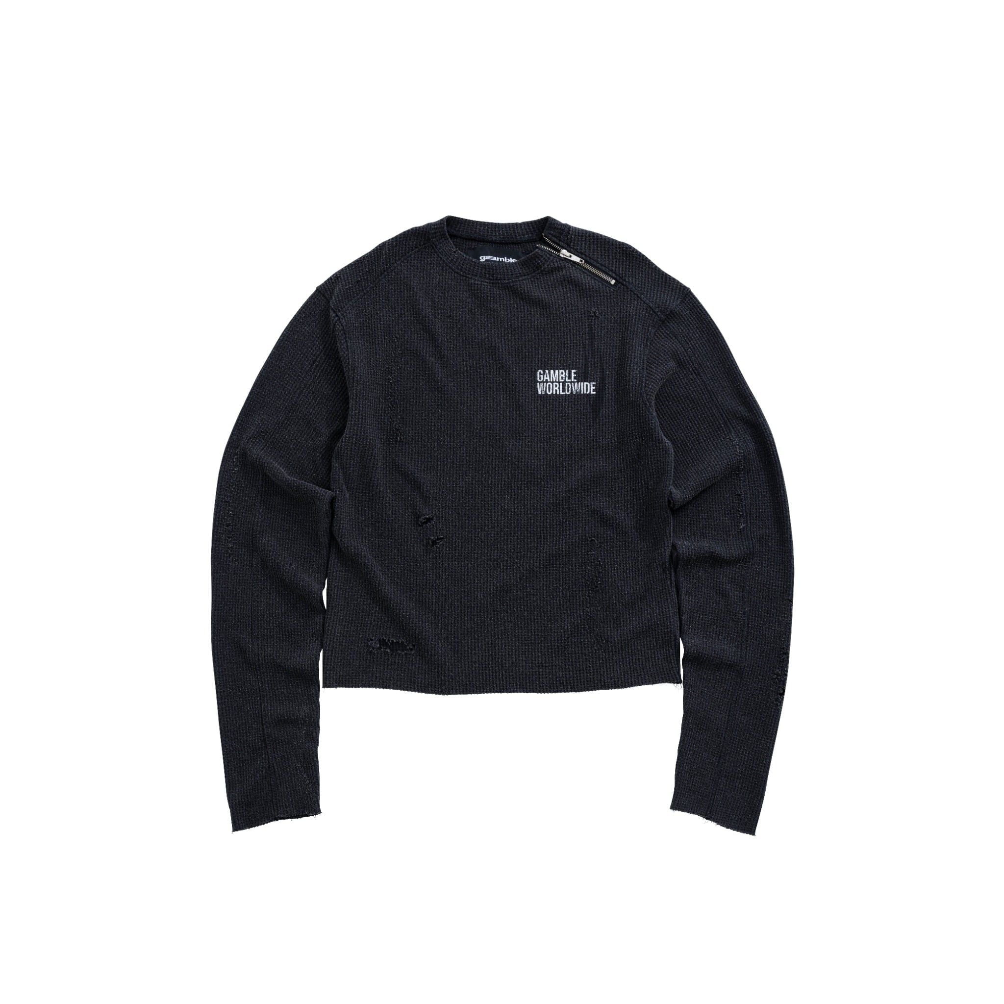 DISTRESSED WAFFLE SWEATER / CHARCOAL