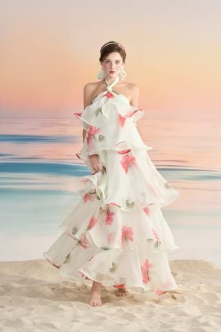 CS-6 Đầm maxi hoa hồng 5 tầng