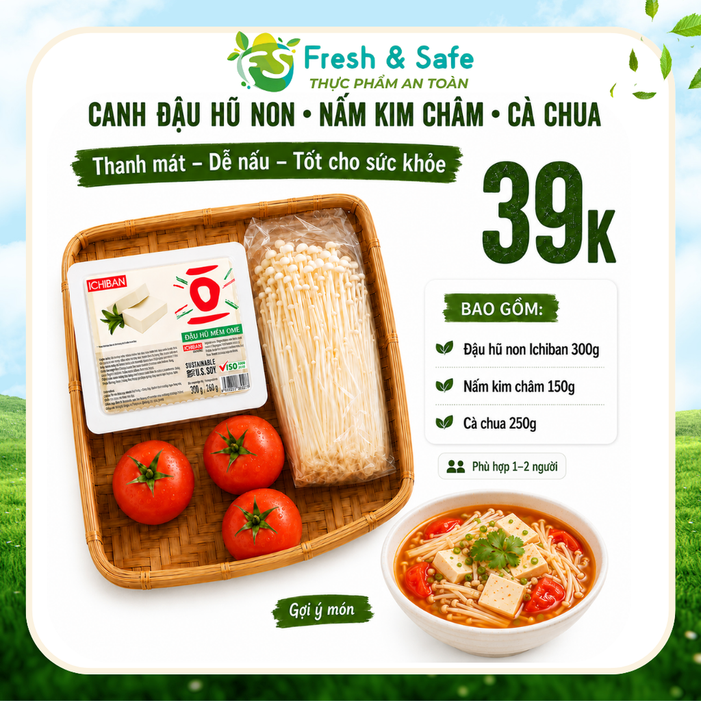  Combo canh đậu hũ non nấm kim châm cà chua 