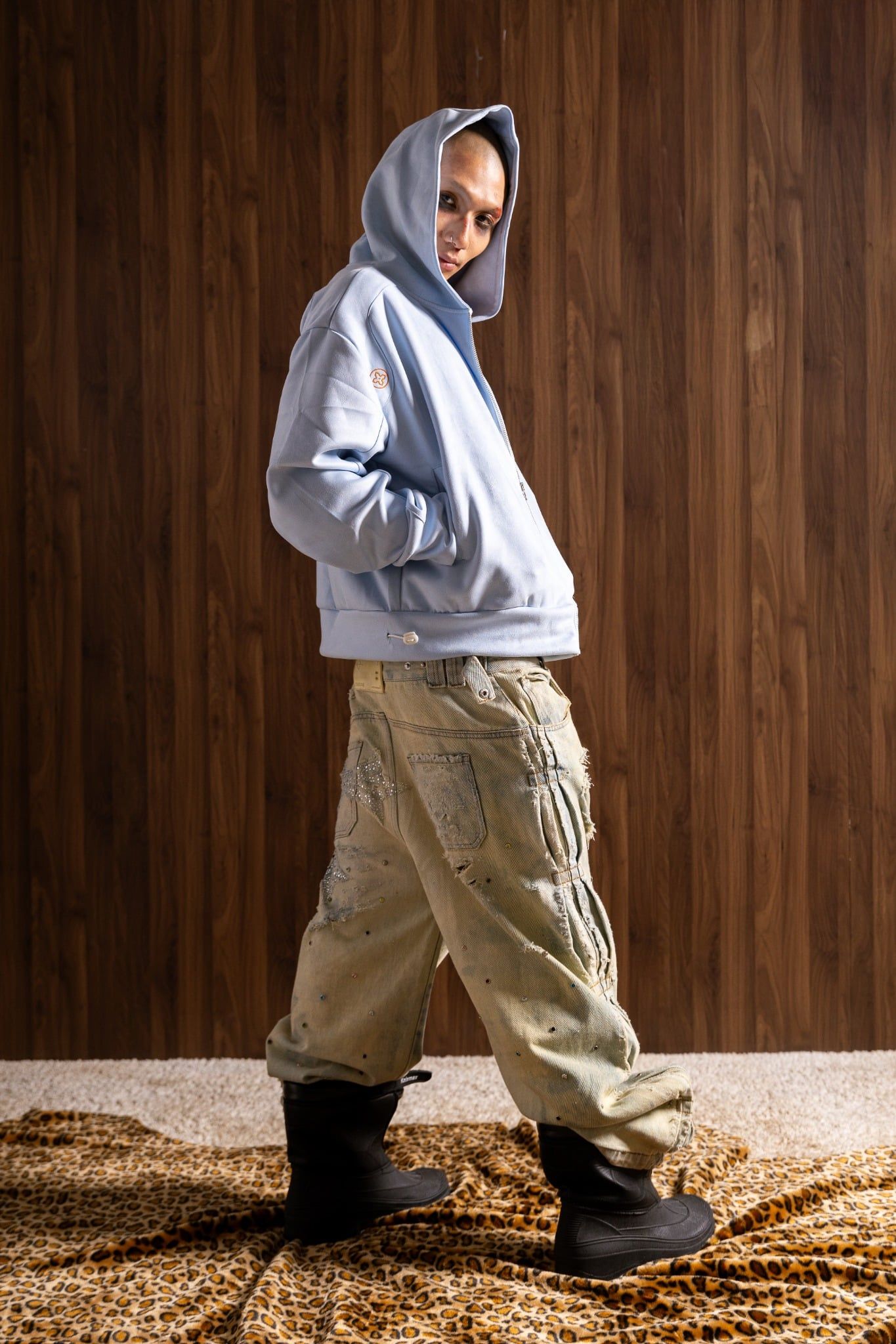  GOBLIN SIGNATURE SUEDE BOXY HOODIE ZIP LIGHT BLUE 