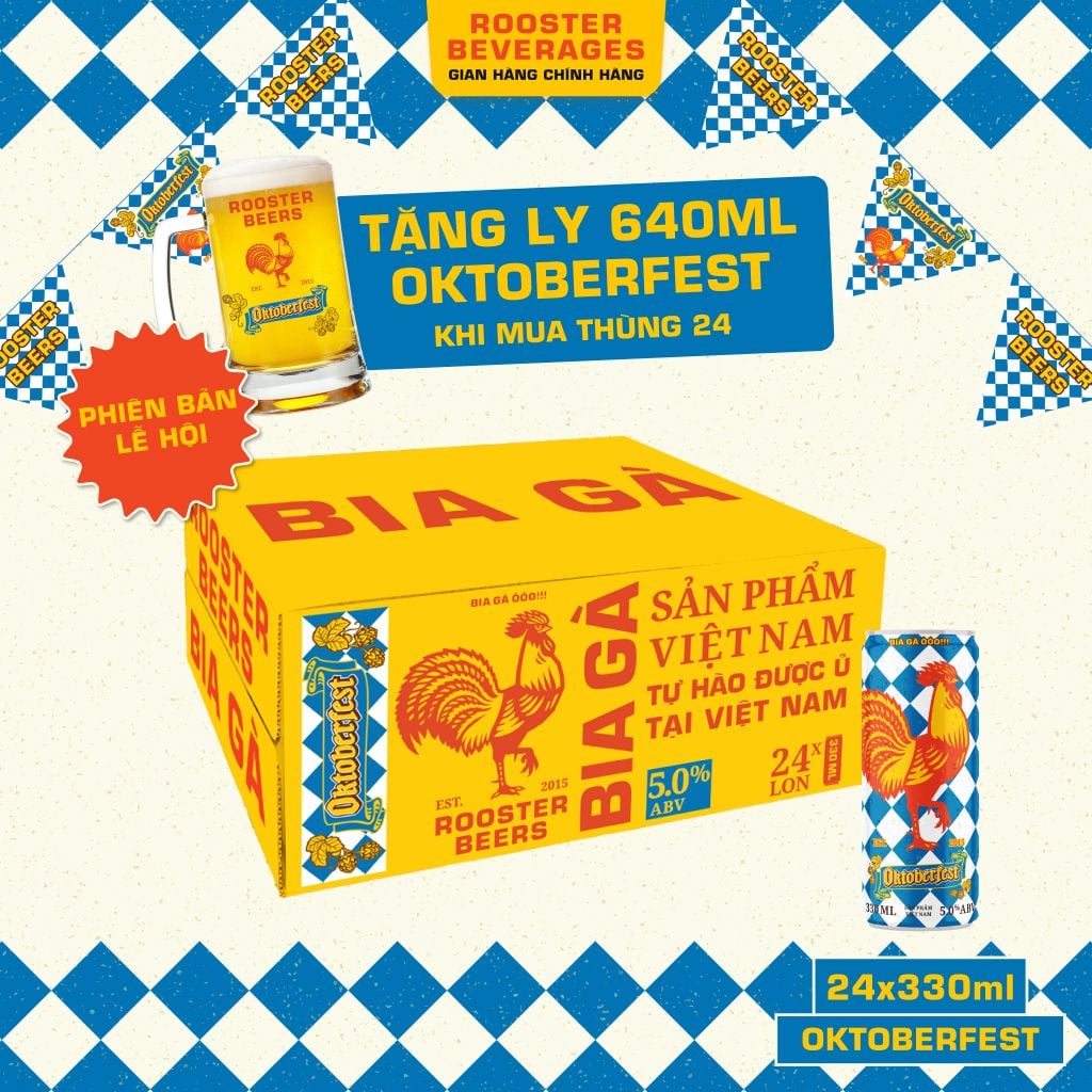 [Tặng 1 ly 640ml] Bia Oktoberfest Helles thùng 24 Lon x 330ml - Rooster Beers 