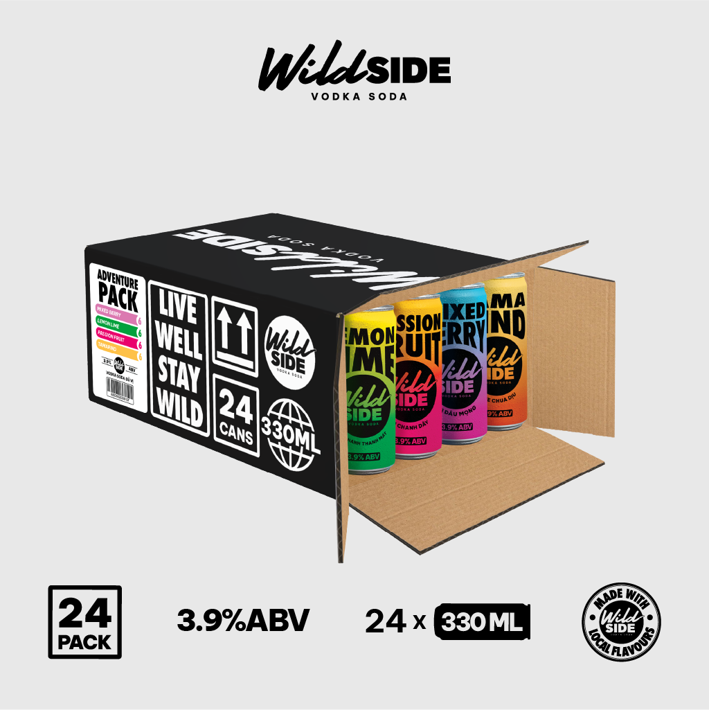  Wildside Vodka Soda Thùng 4 Vị Mix | Thùng 24 Lon x 330ml – Độ cồn 3.9% – Vị trái cây nhiệt đới – Đồ uống có cồn nhẹ 