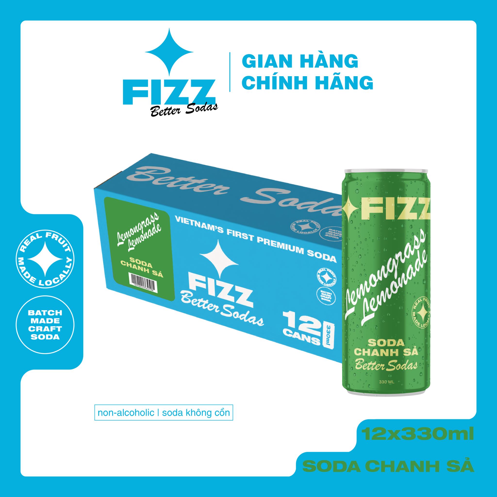  Fizz Soda Vị Chanh Sả - Thùng 12 Lon 330ml 