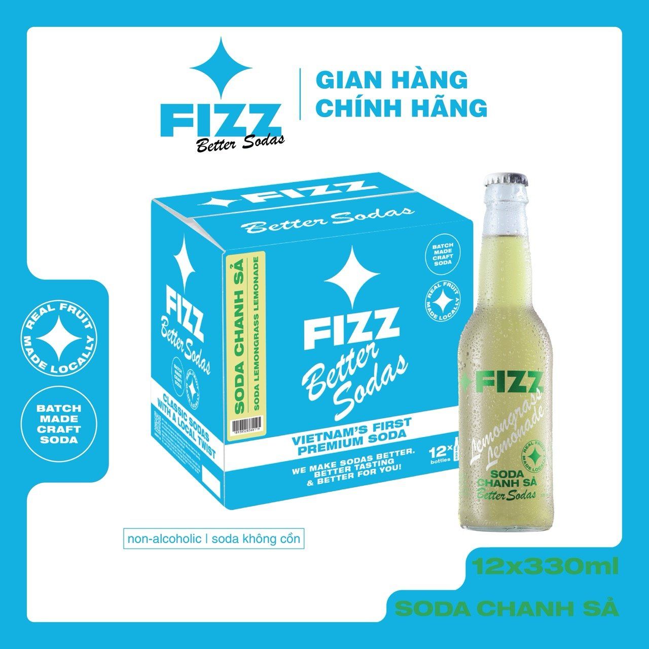  Fizz Soda Vị Chanh Sả - Thùng 16 & 12 Chai 330ml 