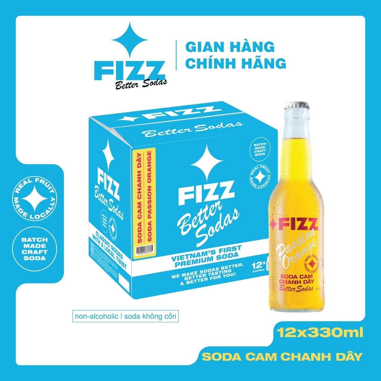  Fizz Soda Vị Cam Chanh Dây - Thùng 12 Chai 330ml 