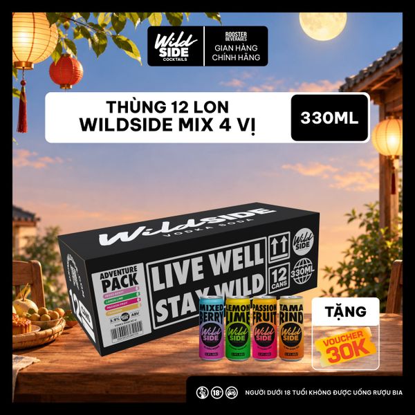  Wildside Vodka Soda Thùng 4 Vị Mix | Thùng 24 Lon x 330ml – Độ cồn 3.9% – Vị trái cây nhiệt đới – Đồ uống có cồn nhẹ 