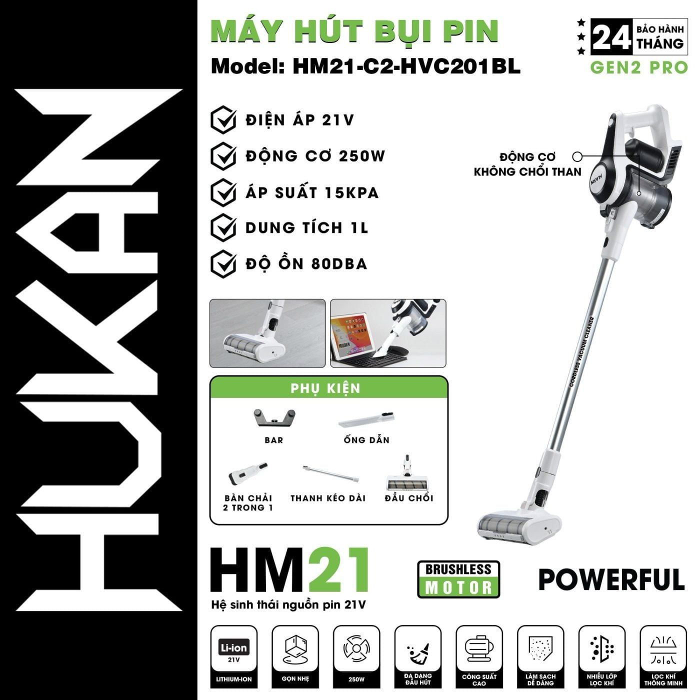  Thân máy hút bụi dùng pin chân phổ thông HM21-G2-HVC201BL (chưa kèm pin sạc) HUKAN 