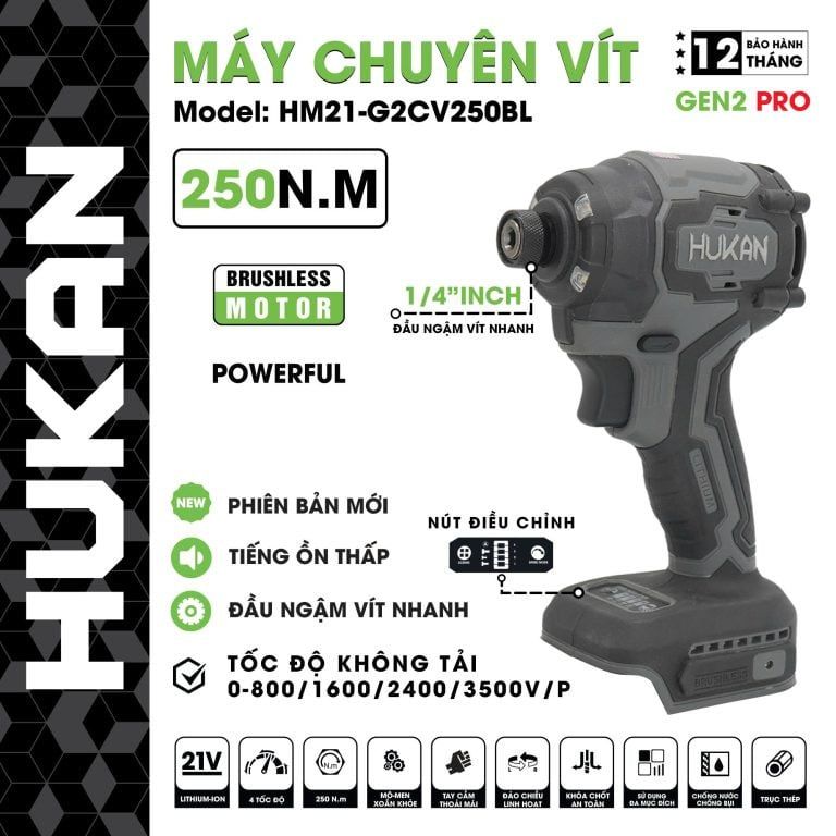  Bộ máy chuyên vít HUKAN HM21-G2CV250BL (GEN 2) | 21V – 250Nm HUKAN 