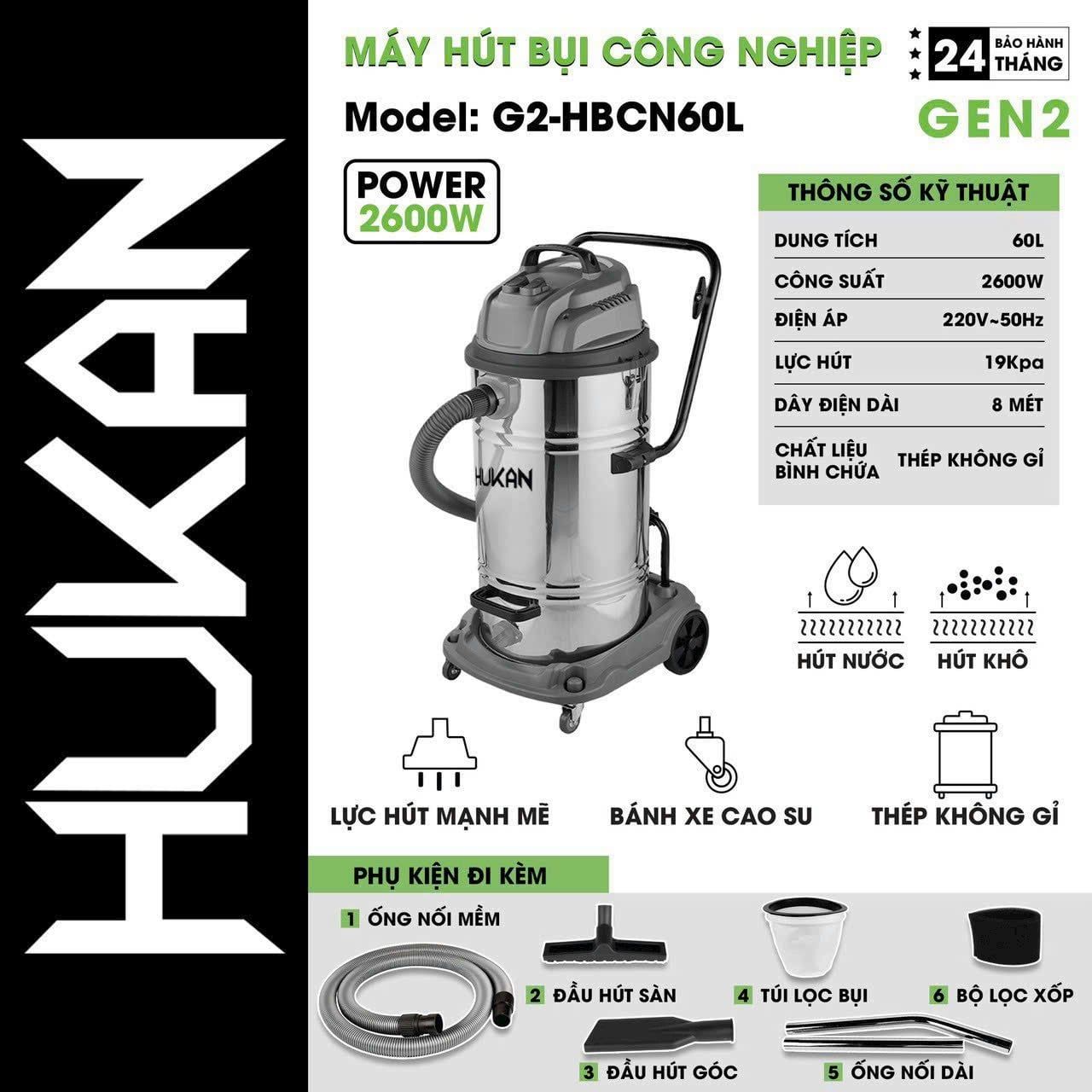  Máy Hút Bụi Công Nghiệp Dung Tích 60 Lít Gen2 G2-HBCN60L HUKAN 