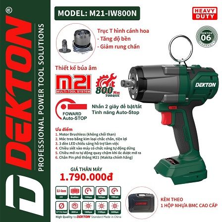  MÁY SIẾT BULONG PIN 21V DEKTON M21-IW800N ( chưa pin và sạc) 