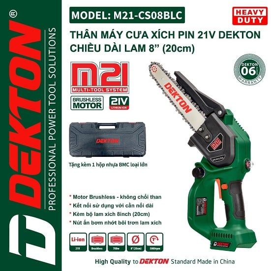  Máy cưa xích dùng pin 21V Dekton M21-CS08BLC có hộp ( chưa có pin và sạc) 