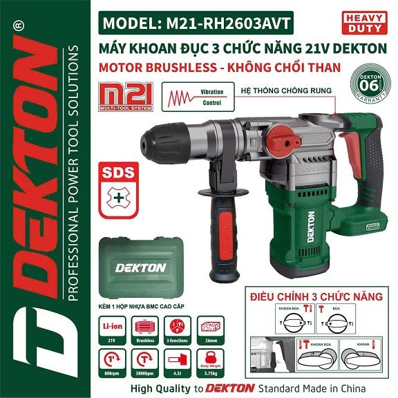  Máy Khoan đục 3 chức năng Dekton M21-RH2603AVT( chưa có pin và sạc) 