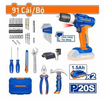  Bộ 91 món dụng cụ gồm Máy khoan búa dùng pin 20V (WCDP522) WDT1B90 WADFOW 