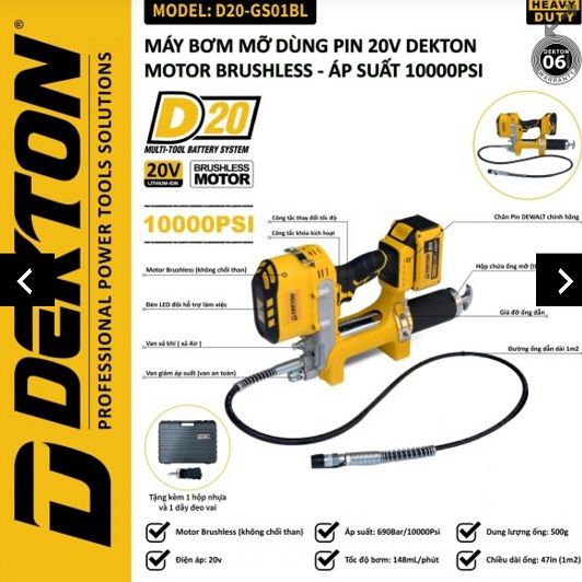  Máy bơm mỡ bò dùng pin Dekton D20-GS01BL (chưa gồm pin và sạc) 