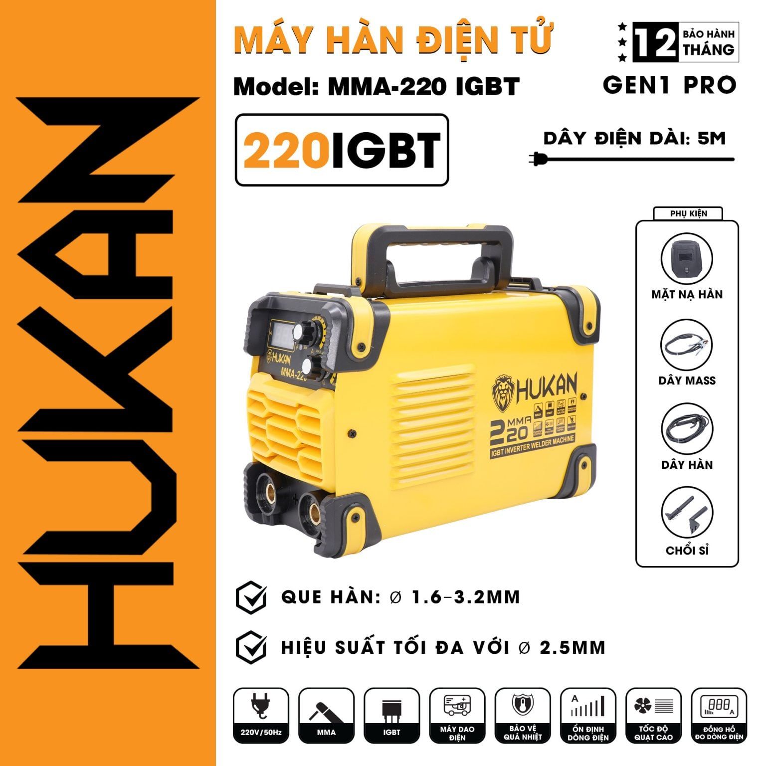  Máy hàn điện tử MMA-220 IGBT HUKAN 