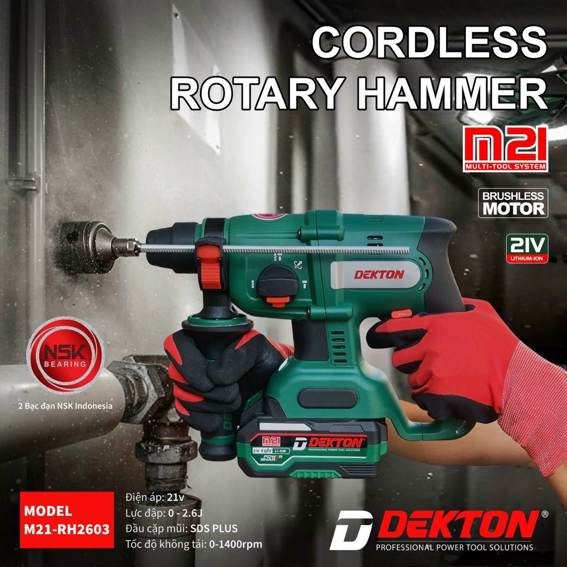  Máy Khoan Bê Tông Pin Dekton M21-RH2603BL( chưa có pin và sạc) 