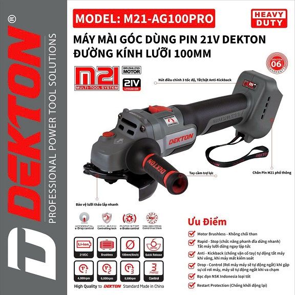  Máy mài góc dùng pin Dekton M21-AG100PRO (CHƯA PIN VÀ SẠC) 