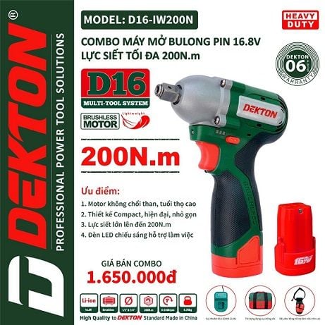  Máy mở bulon dekton pin 16,8v D16-IW200N moter từ ( đủ bộ) 