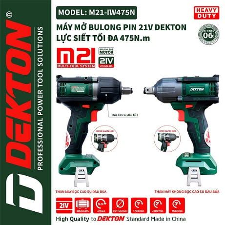  Thân máy siết bulong 475Nm Chính hãng Dekton M21-IW475N (Chân pin Makita) 