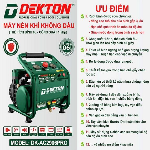  Máy Nén Khí Không Dầu Dekton DK-AC2906pro 