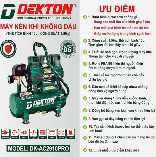  Máy Nén Khí Không Dầu Dekton DK-AC2910pro 