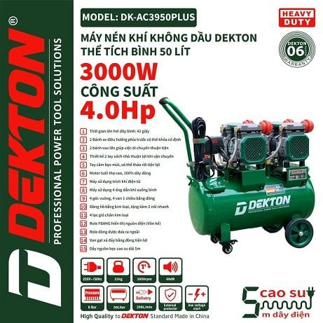  Máy bơm hơi không dầu 50 lít dekton dk-ac3950plus 