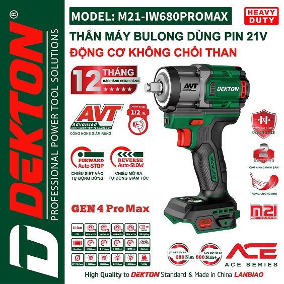  Máy vặn bulong dùng pin 21V Dekton M21-IW680 Promax (Chưa Pin & Sạc) 